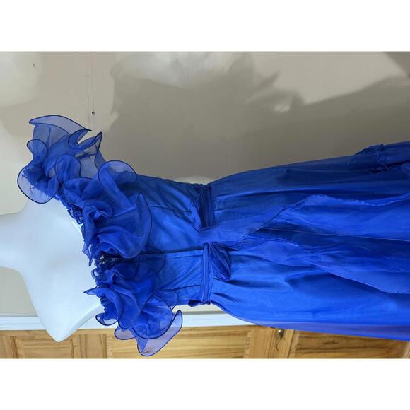 70s 80s Elegant Royal Blue One-Shoulder Ruffled Evening Dress Fancy Frocks - Picture 10 of 12